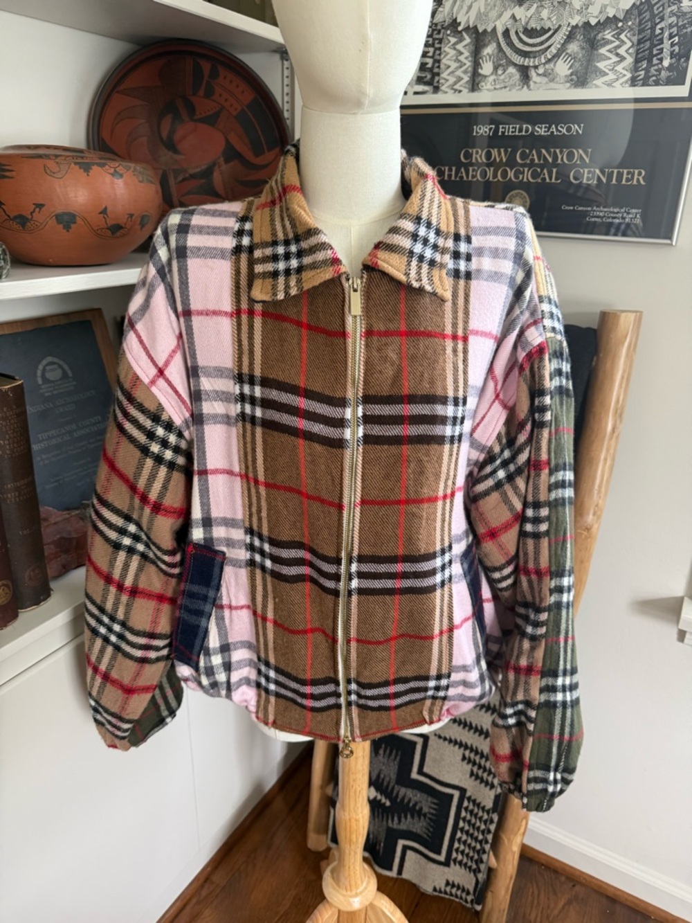 Plaid Zip-Front Jacket in Tan & Pink - Women